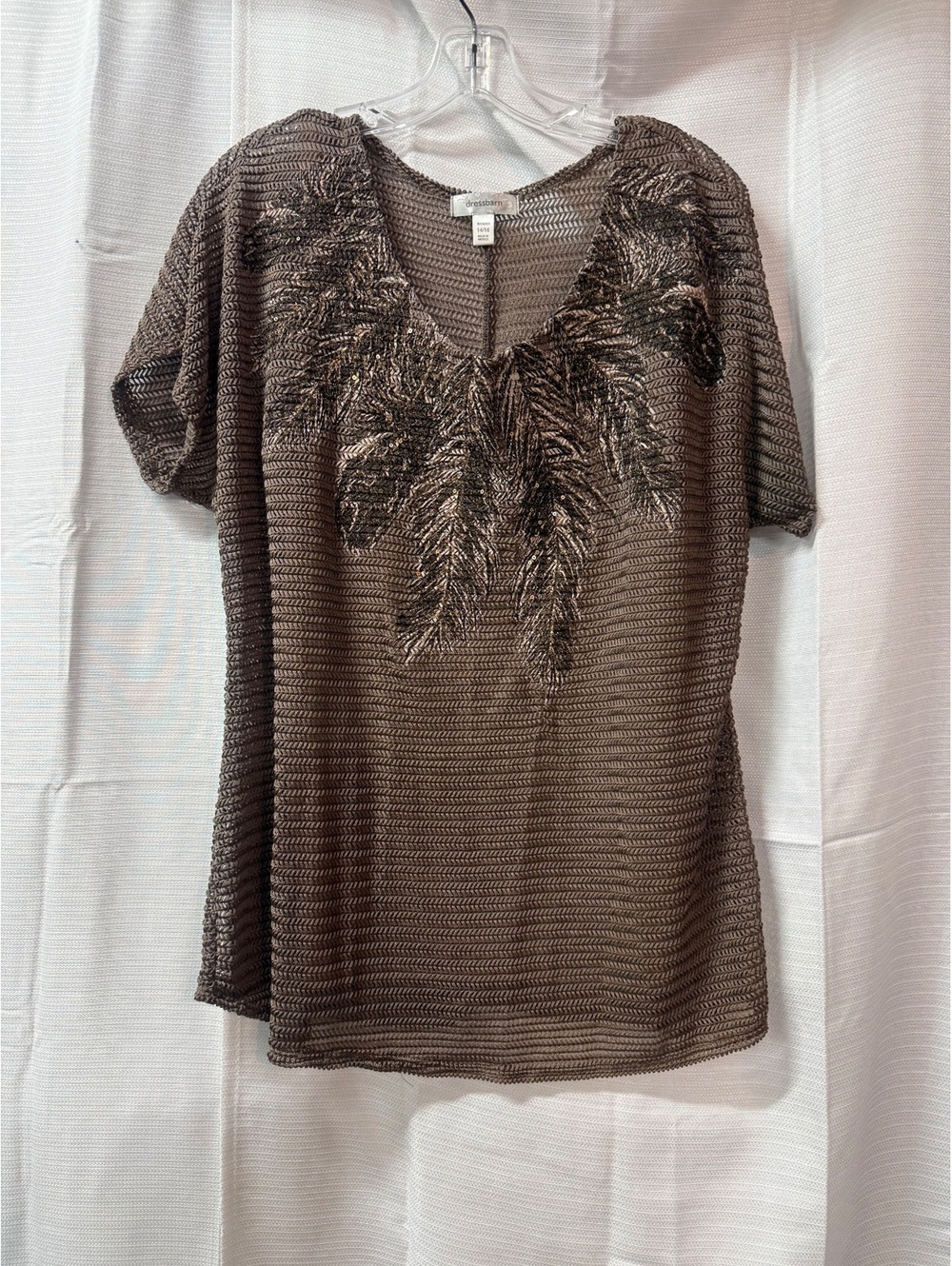 dressbarn Women's Brown Embroidered Short Sleeve Blouse Size 14/16